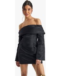 Boohoo - Satin Structured Bardot Mini Dress - Lyst