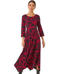 Roman - Leaf Print Hanky Hem Stretch Midi Dress - Lyst
