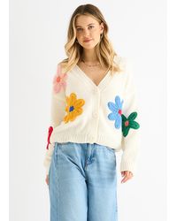Gini London - Cremefarbener Floraler Strick-Cardigan Mit Langen Ärmeln - Lyst