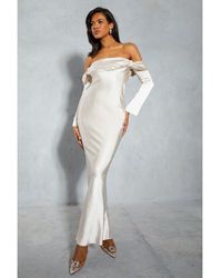 MissPap - Satin Bardot Flared Sleeve Maxi Dress - Lyst