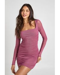 Boohoo - Square Neck Ruched Mesh Bodycon Dress - Lyst