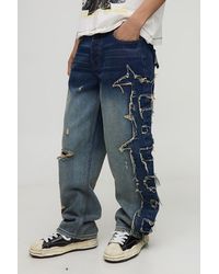 BoohooMAN - Relaxed Raw Edge Applique Denim Jeans - Lyst