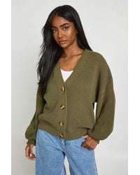 Boohoo - Balloon Sleeve Button Through Rib Cardigan - Lyst