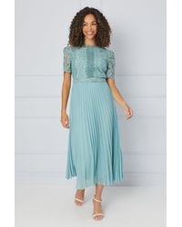 Wallis - Premium Lace Belted Pleated Midi Dress - Lyst