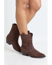 Boohoo - Faux Suede Contrast Stitch Western Cowboy Boots - Lyst