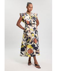 Karen Millen - Plus Size Abstract Print Viscose Linen Woven Ruffle Sleeve Midi Dress - Lyst