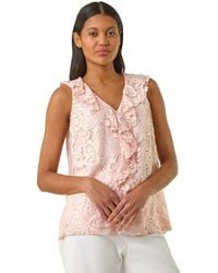 Roman - Lace V-Neck Ruffle Front Top - Lyst