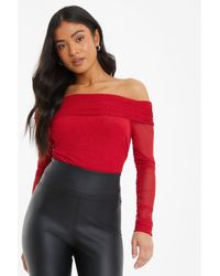 Quiz - Petite Red Glitter Bardot Bodysuit - Lyst