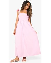 Boohoo - Tie Strap Shirred Poplin Maxi Dress - Lyst