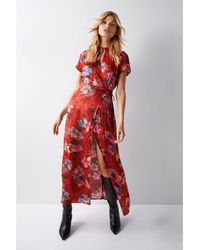 Warehouse - Floral Printed Viscose Jacquard Keyhole Midi Dress - Lyst