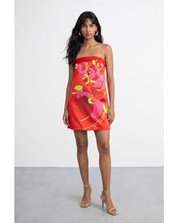Warehouse - Satin Strapless Placement Floral Print Mini Dress - Lyst