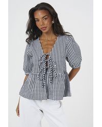 Brave Soul - Short Puff Sleeve Gingham Tie Front Blouse - Lyst