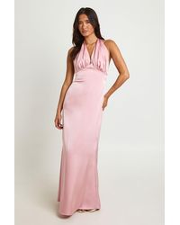 Boohoo - Pleated Satin Halterneck Maxi Dress - Lyst