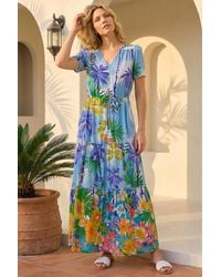 Roman - Palm Print Tiered Button Dress - Lyst