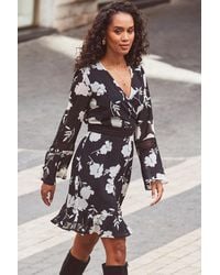 Sosandar - Floral Print Lace Trim Faux Wrap Dress - Lyst