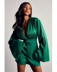 MissPap - Ruched Shoulder Tie Back Satin Playsuit - Lyst