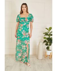 Yumi' - Recycled Floral Print Square Neck Maxi Dress With Split Hemline - Lyst
