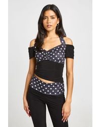 Boohoo - Slinky Polka Dot Tie Neck Cap Sleeve Top - Lyst
