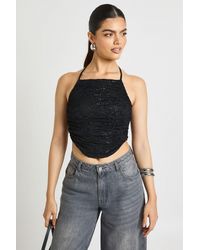 Boohoo - Glitter Mesh Ruched Halterneck Top - Lyst