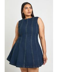 Boohoo - Plus Sleeveless Seam Detail Denim Mini Dress - Lyst