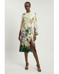 Karen Millen - Floral Print Viscose Satin Crepe Woven Midi Dress - Lyst