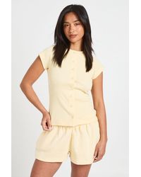 Boohoo - Petite Ribbed Button Through Cap Sleeve Top And Short Tracksuit - Lyst
