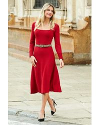 Sosandar - Square Neck Button Cuff Knitted Midi Dress Nylon - Lyst