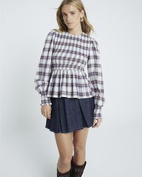 River Island - Top Shirred Checked Cotton - Lyst
