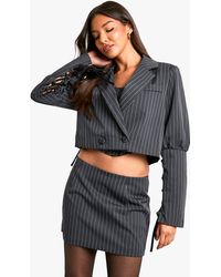 Boohoo - Pinstripe Lace Up Sleeve Cropped Blazer - Lyst