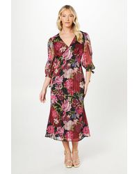 Debut London - By Coast V Neck Blouson Sleeve Satin Midi Dress - Lyst