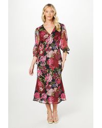 Debut London - By Coast V Neck Blouson Sleeve Satin Midi Dress - Lyst