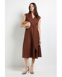 Wallis - Linen Blend Belted Midi Dress - Lyst
