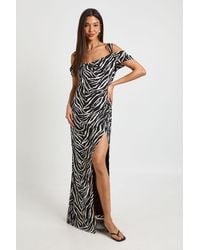 Boohoo - Zebra Print Chiffon Cold Shoulder Ruched Side Maxi Dress - Lyst