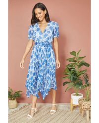 Yumi' - Floral Pleated Midi Dress With Puff Sleeves - Lyst