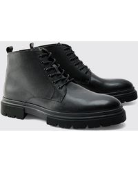 BoohooMAN - Real Patent Leather Lace Up Chunky Boot - Lyst