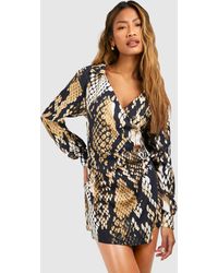 Boohoo - Snake Satin Wrap Shirt Dress - Lyst