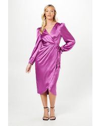 Debut London - By Coast Satin Long Sleeve Wrap Midi Dress - Lyst
