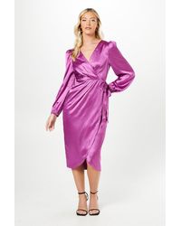 Debut London - By Coast Satin Long Sleeve Wrap Midi Dress - Lyst