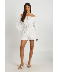 Boohoo - Broderie Bardot Volume Sleeve Playsuit - Lyst