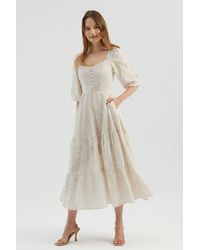 Hiccup - Embroidered Sweetheart Neck Tiered Maxi Dress With A Puff Sleeves - Lyst