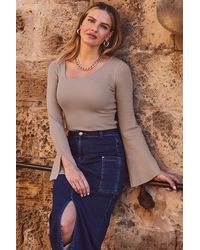 Sosandar - Taupe Asymmetric Fluted Sleeve Fine Knit Top - Lyst