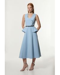 Karen Millen - Compact Stretch Belted Peplum Detail Full Skirted Midi Dress - Lyst