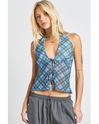 Boohoo - Printed Mesh Halterneck Tie Front Top - Lyst