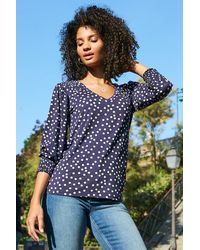 Sosandar - Spot Print Shirred Cuff V Neck Top Viscose - Lyst
