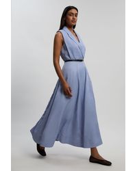 Karen Millen - Premium Viscose Linen Tailored Belted Full Skirted Midi Dress - Lyst
