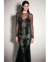 Karen Millen - Floral Applique Embellished Metallic Georgette Woven Maxi Dress - Lyst