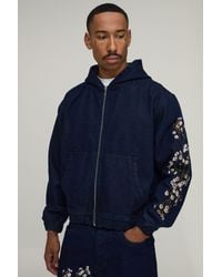 BoohooMAN - Floral Embroidered Boxy Denim Hoodie - Lyst