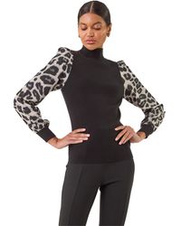 Roman - Animal Print Mesh Sleeve Knit - Lyst