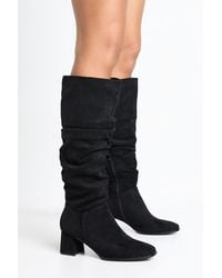 Boohoo - Ruched Block Heel Knee High Boots - Lyst
