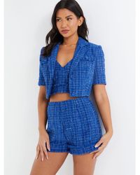 Quiz - Royal Checked Boucle Cropped Blazer - Lyst